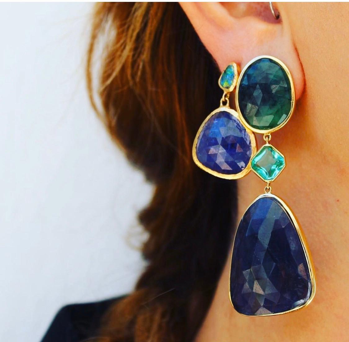 Women's Tanzanite and Boulder Opal Earrings 18 Karat Gold
