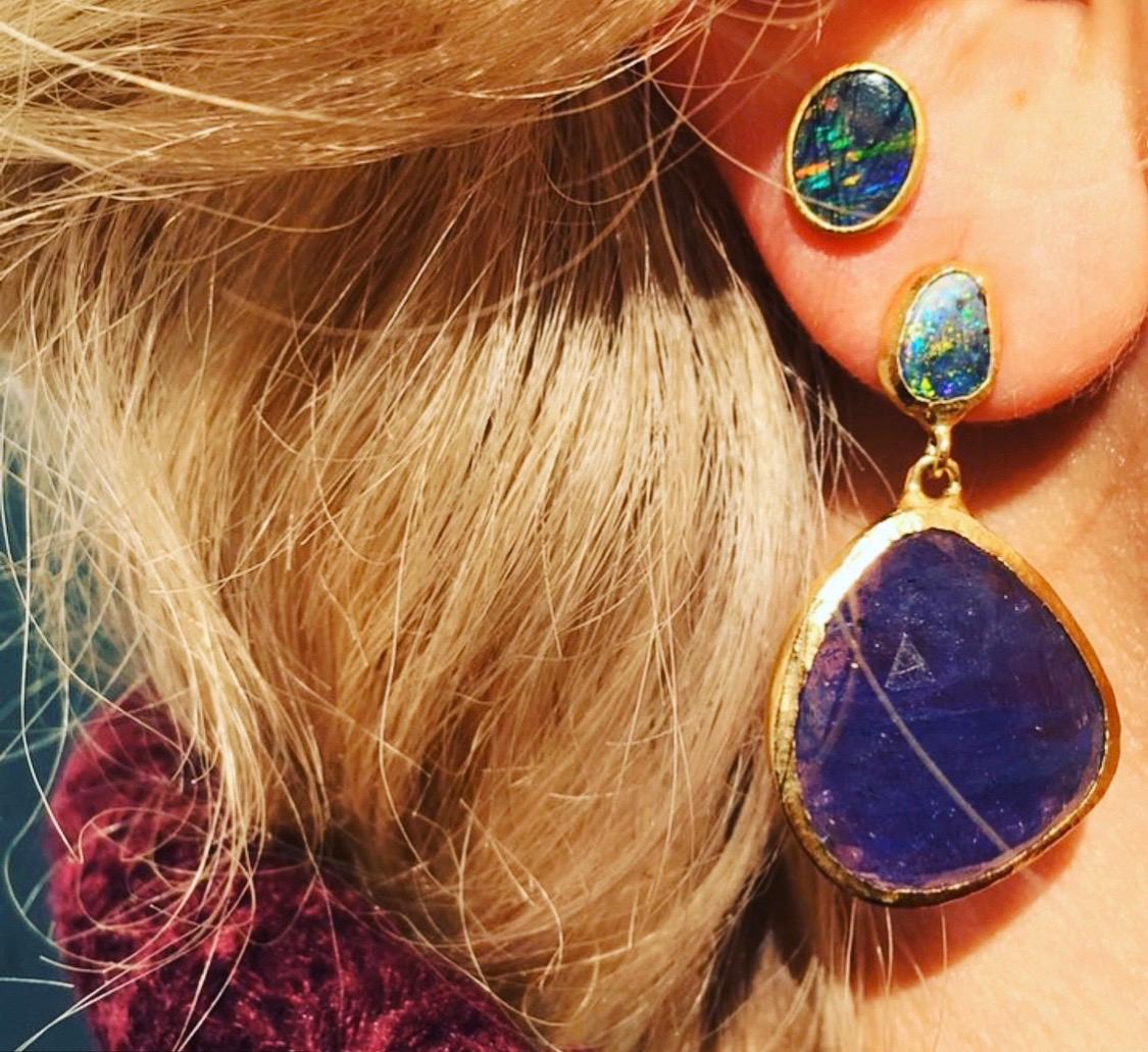 Tanzanite and Boulder Opal Earrings 18 Karat Gold In New Condition In Boston, MA