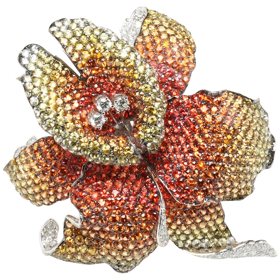 Sapphire Diamond Gold Flower Brooch For Sale