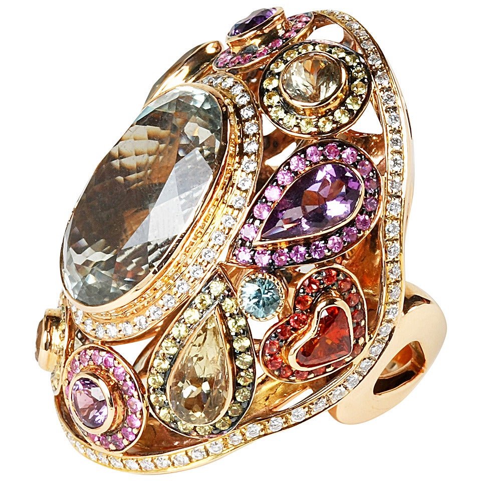Vibrant Multi Gemstone Gold Ring For Sale