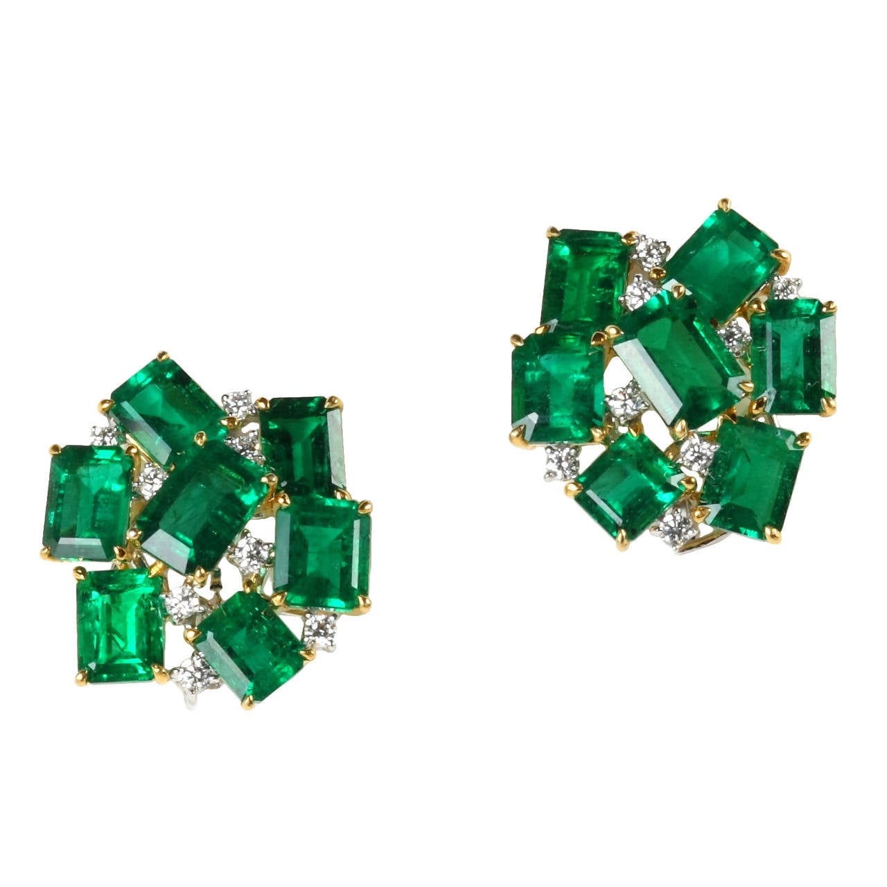 Vivid Green Emerald Diamond Gold Cluster Earrings For Sale