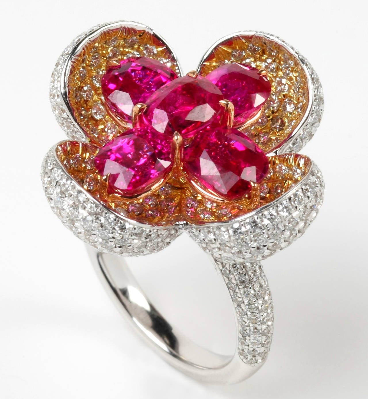 Unheated Burmese Ruby Diamond Gold Flower Ring