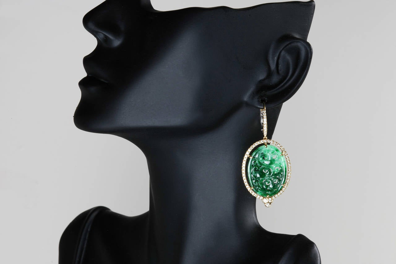Certified Carved Green Jade Gold Earrings