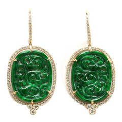 Vintage Certified Carved Green Jade Gold Earrings