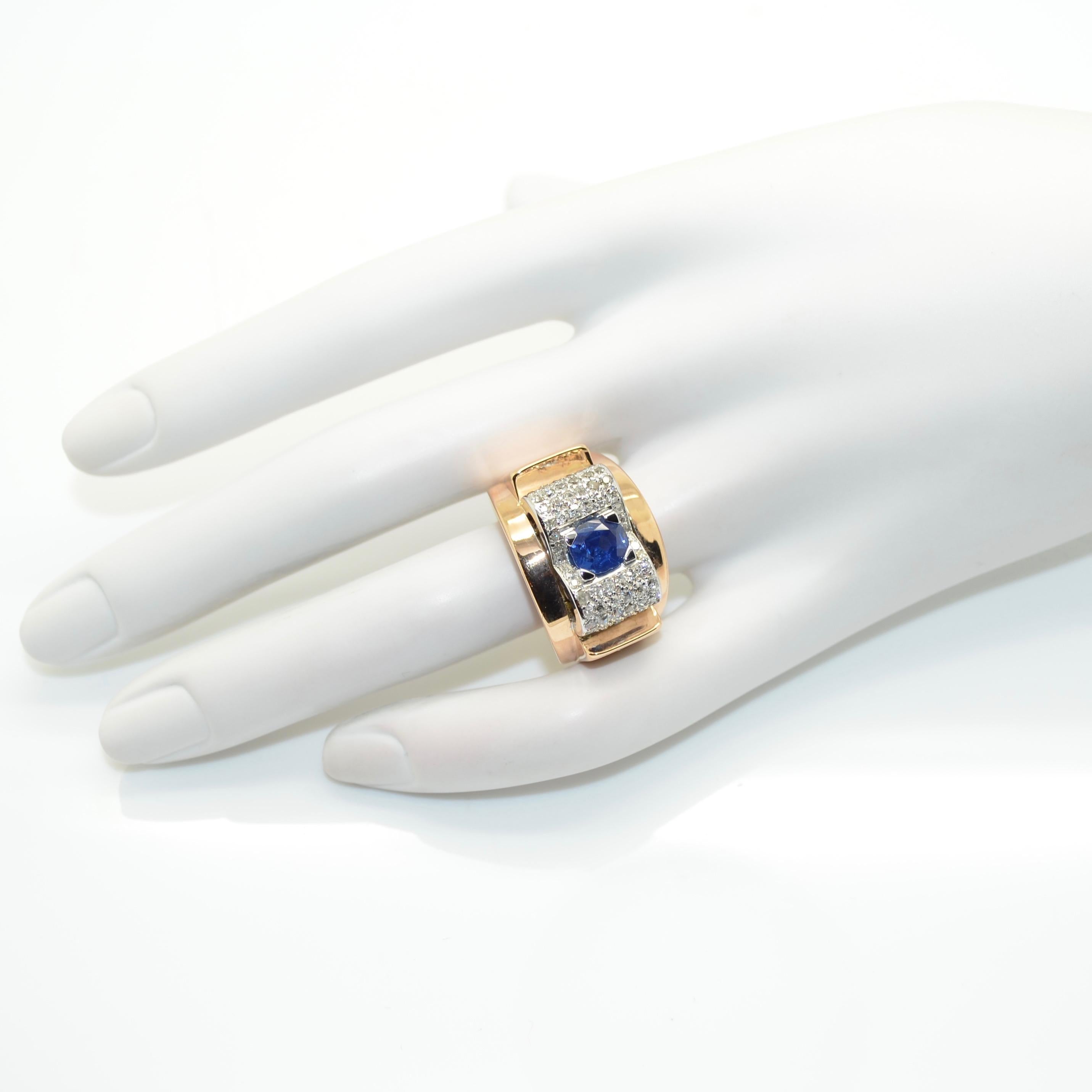 1940s French Sapphire and Diamond 18 Karat Yellow Gold and Platinum Tank Ring In Excellent Condition In Paris, FR