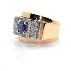 1940s French Sapphire and Diamond 18 Karat Yellow Gold and Platinum Tank Ring