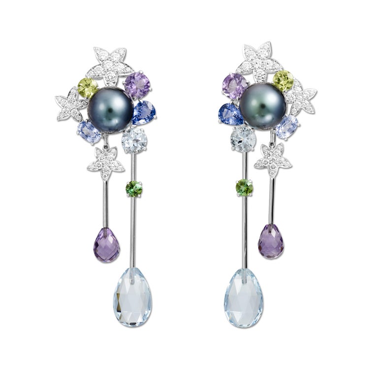 Lorenz Bäumer Pearls Aquamarines Amethysts Sapphires Diamonds Couture Earrings For Sale