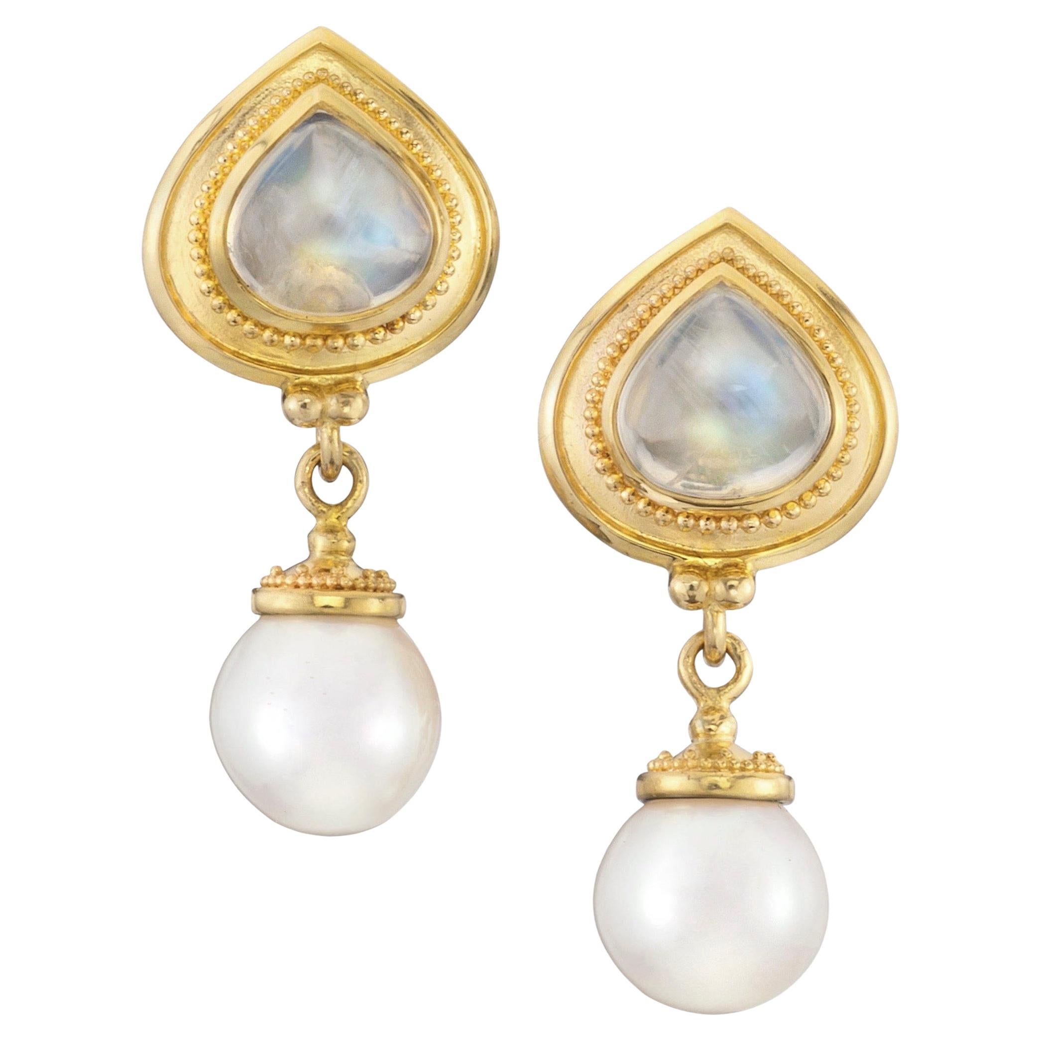 Kent Raible 18 Karat Gold Moonstone and Pearls Drop Earrings with Granulation For Sale