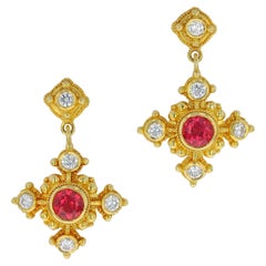 Kent Raible Ohrringe aus 18 Karat Gold mit rotem Spinell, Diamanten und Granulation