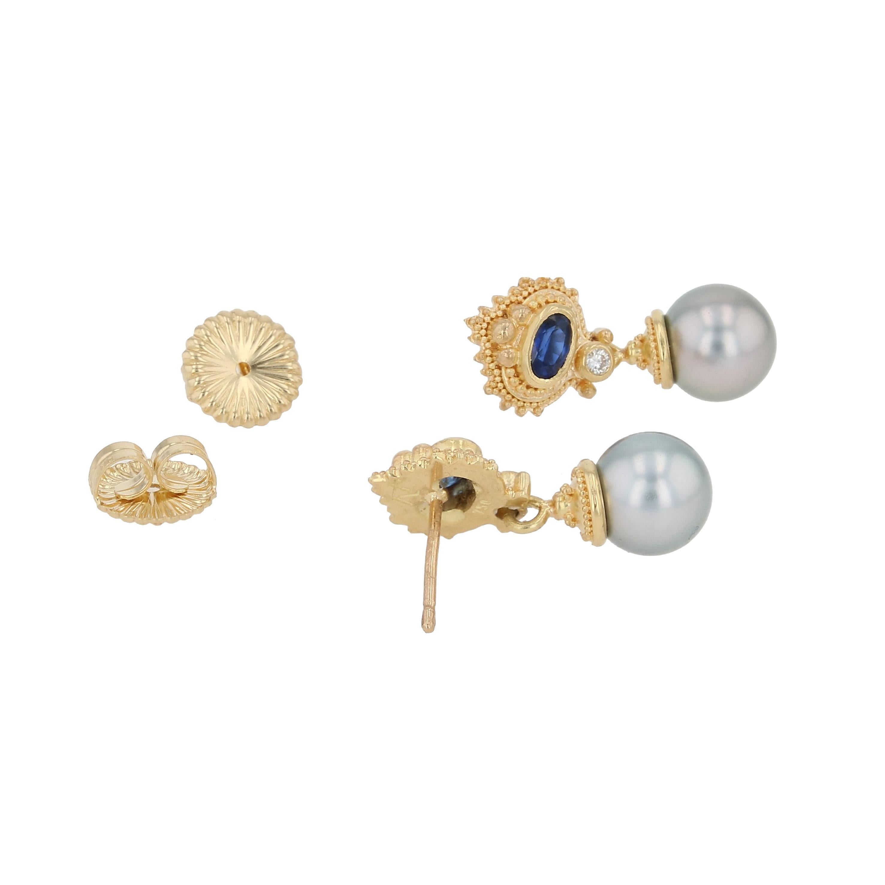 Taglio misto Orecchini a goccia Edison con zaffiro blu, diamante e perla in oro Kent Raible 18 carati in vendita