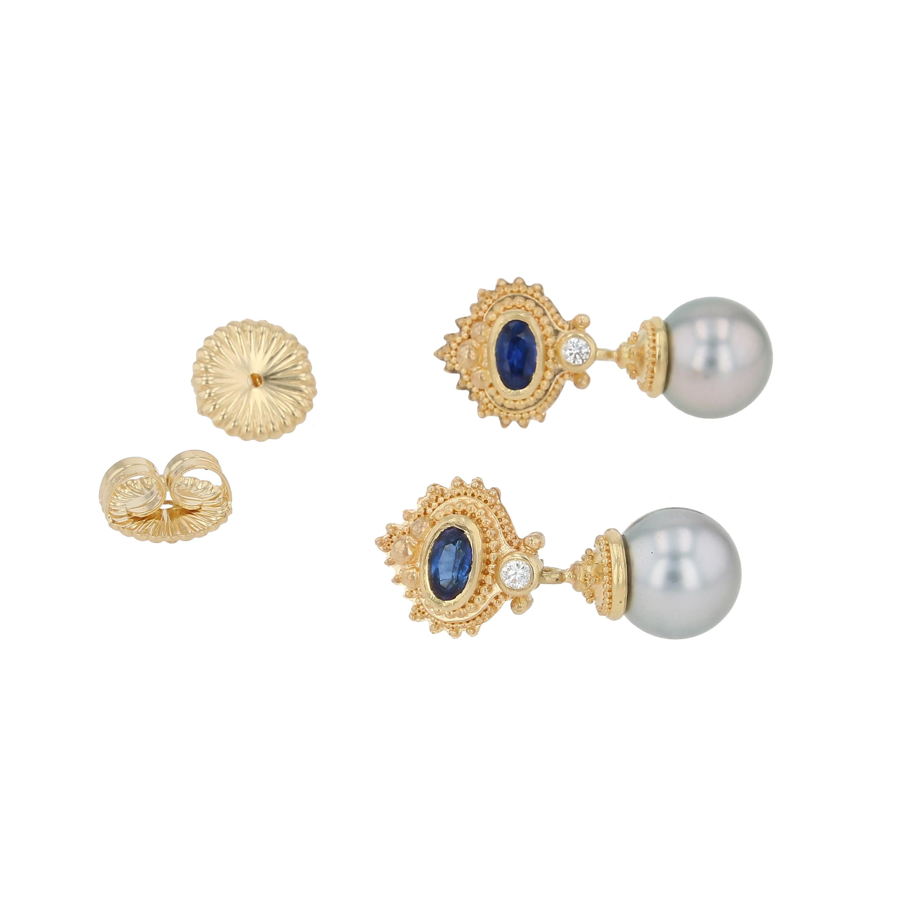 da uomo o donna Orecchini a goccia Edison con zaffiro blu, diamante e perla in oro Kent Raible 18 carati in vendita