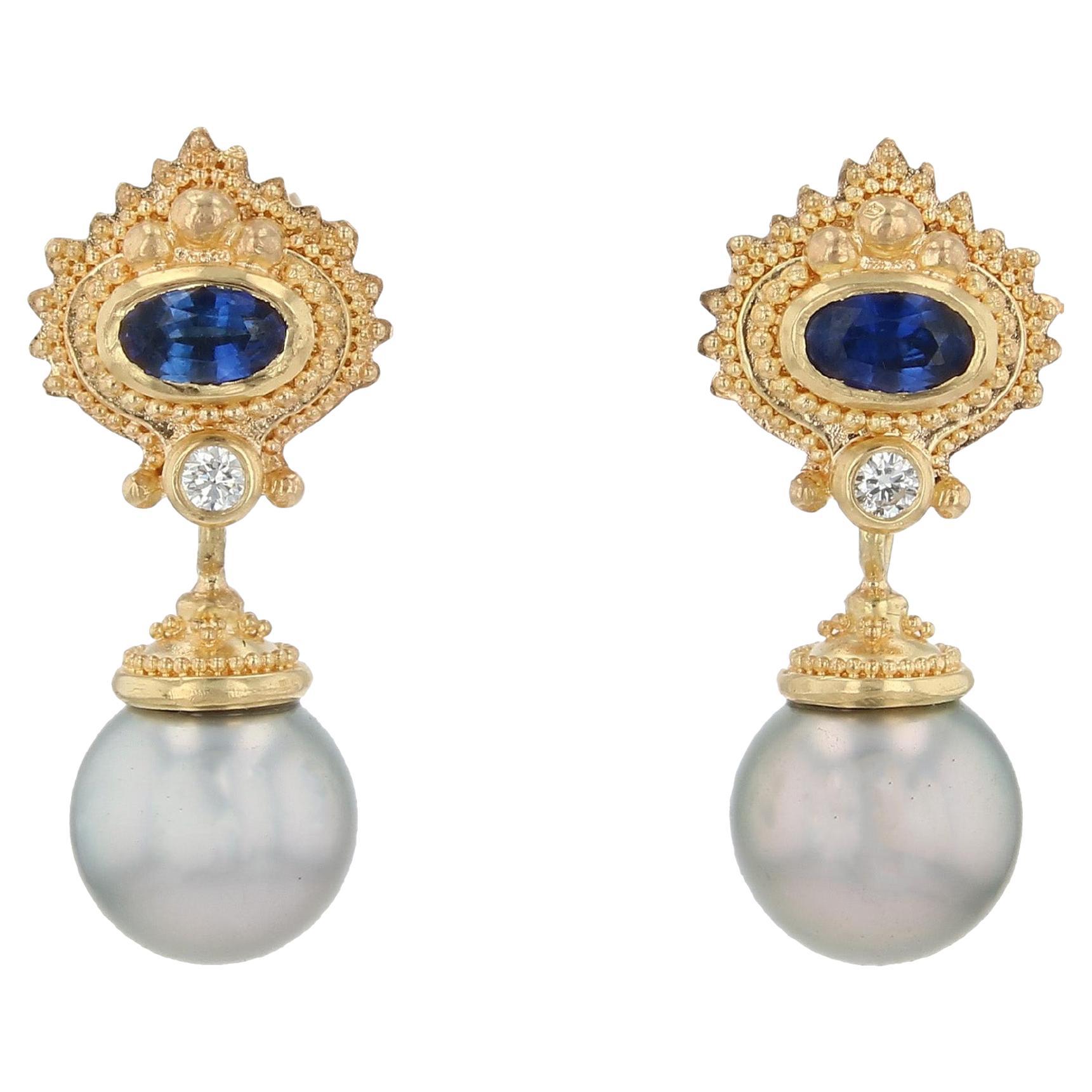 Kent Raible 18 Karat Gold Blauer Saphir, Diamant und Perle Edison Tropfenohrringe