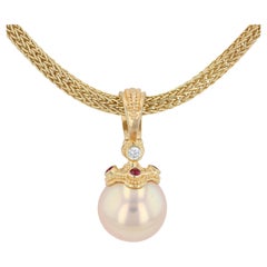 Kent Raible 18Karat Gold Diamond, Ruby and Edison Pearl Pendant with Granulation