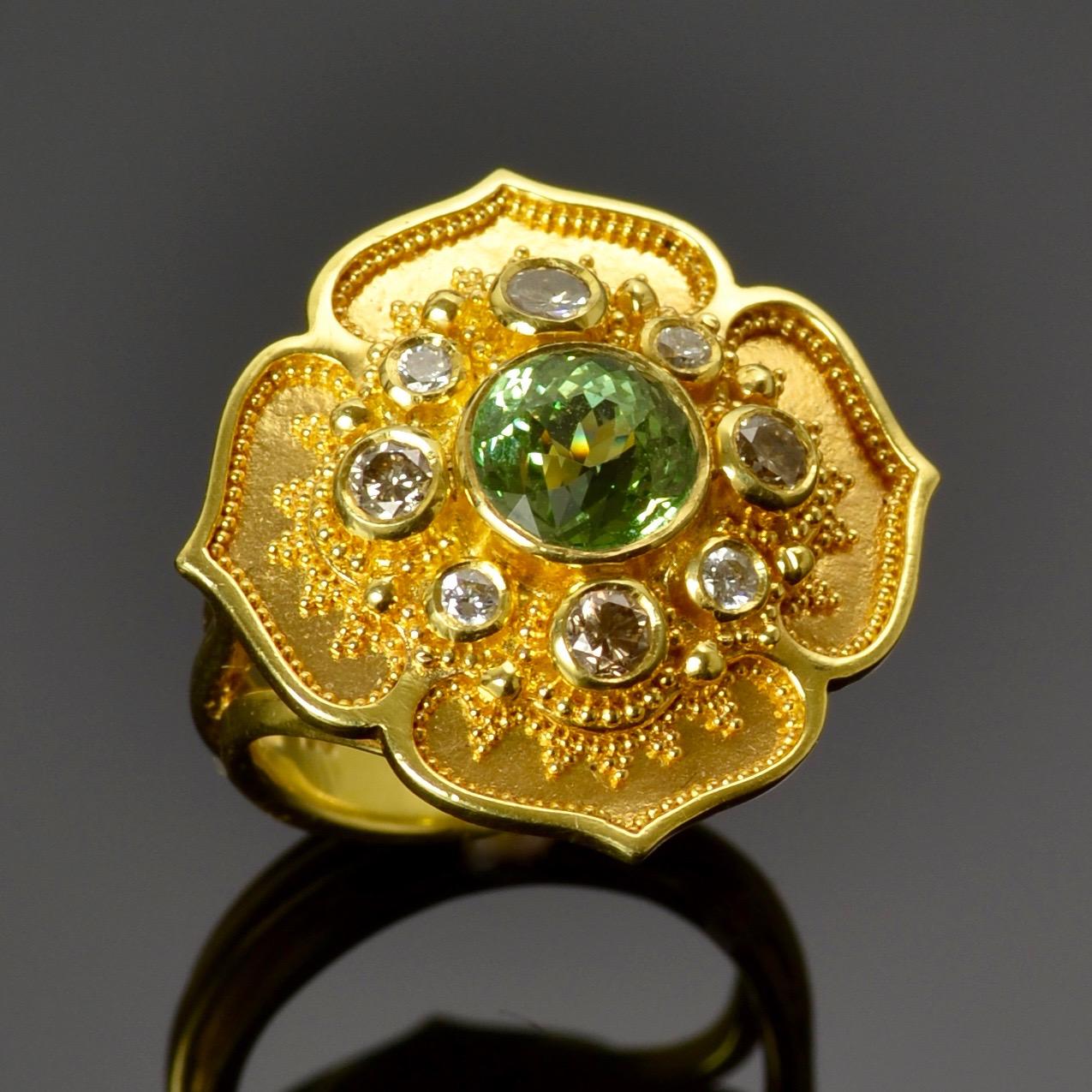 Round Cut Kent Raible Flower Cocktail Ring, 18karat Gold Granulation, Sapphire, Diamond For Sale