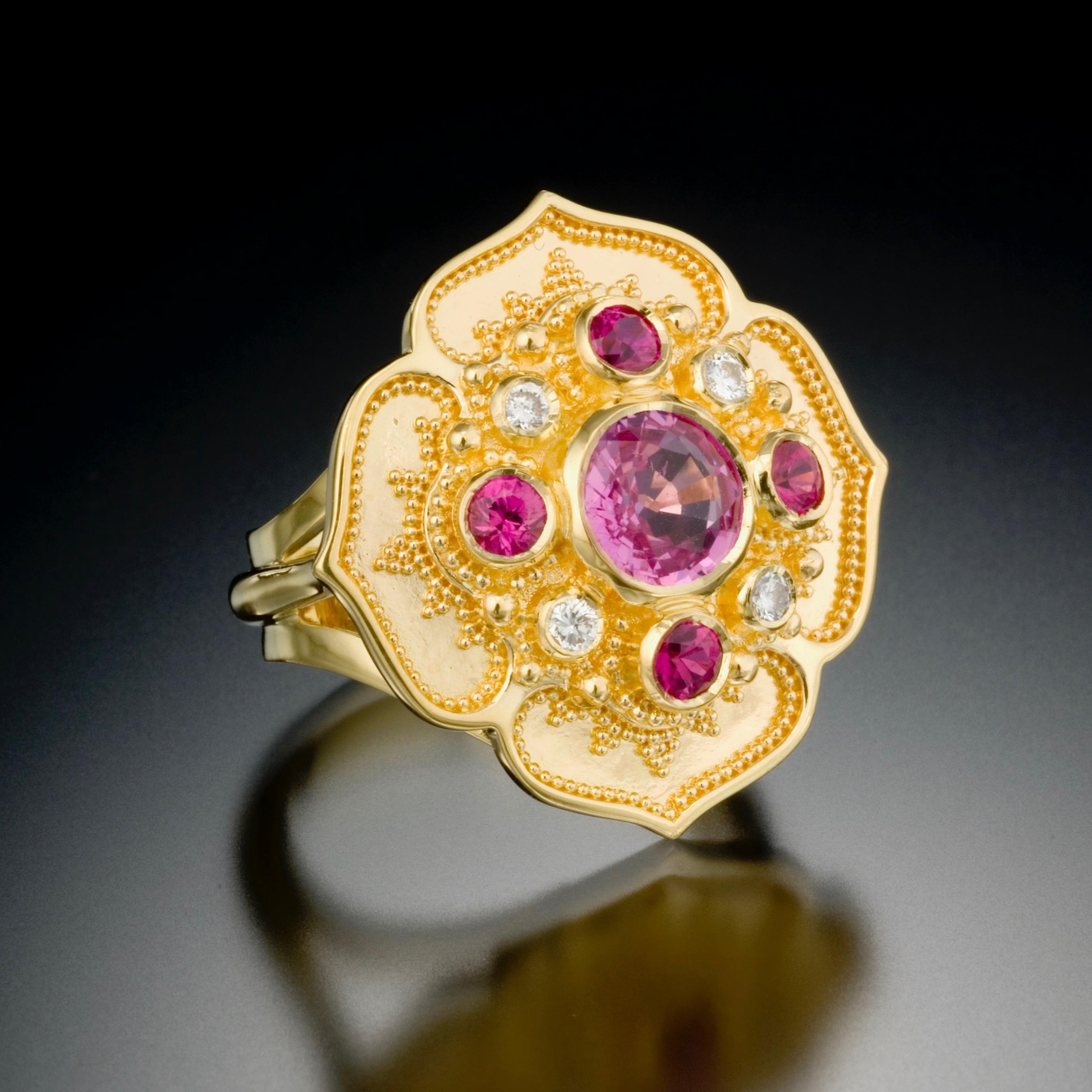 Kent Raible Flower Cocktail Ring, 18karat Gold Granulation, Sapphire, Diamond In New Condition For Sale In Mossrock, WA