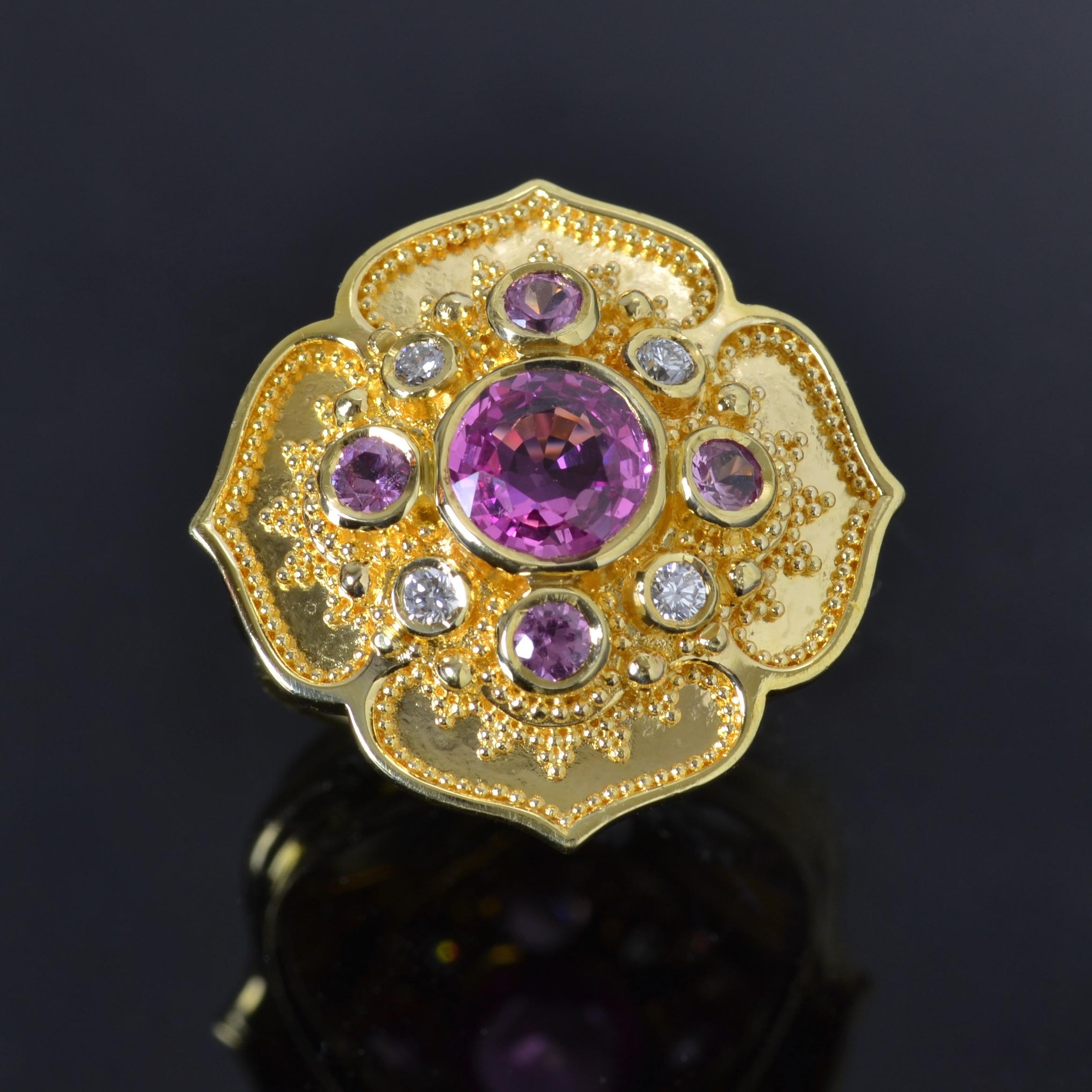 Women's or Men's Kent Raible Flower Cocktail Ring, 18karat Gold Granulation, Sapphire, Diamond For Sale