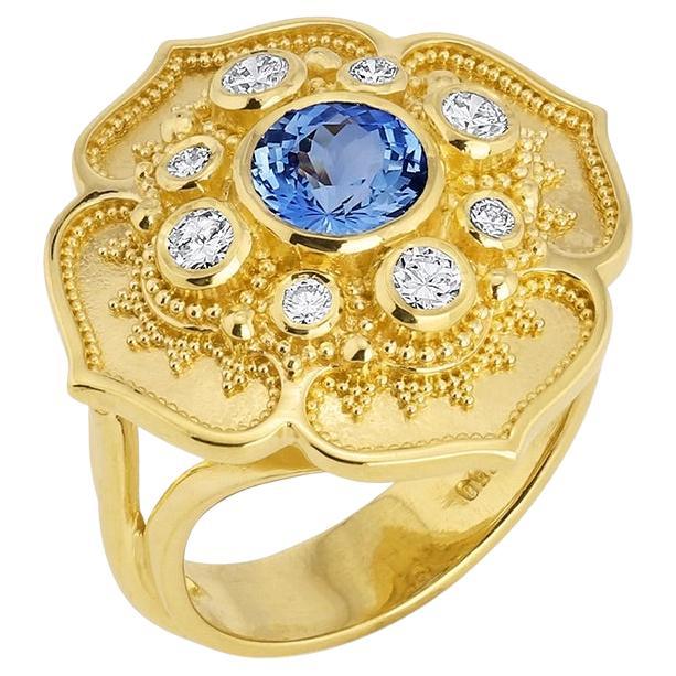 Kent Raible Flower Cocktail Ring, 18karat Gold Granulation, Sapphire, Diamond For Sale
