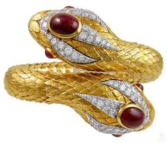 David Webb Cabochon Ruby Diamond Gold Snake Bangle 1