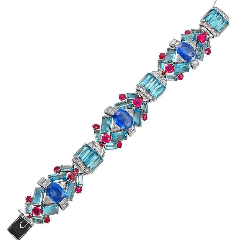 1930s Aquamarine Sapphire Ruby Diamond Platinum Bracelet