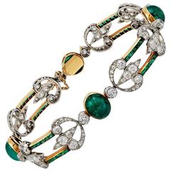 Belle Epoque Boucheron Paris Cabochon Emerald and Diamond Bracelet