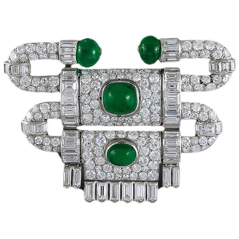 Art Deco Van Cleef & Arpels Emerald Diamond Platinum Brooch For Sale