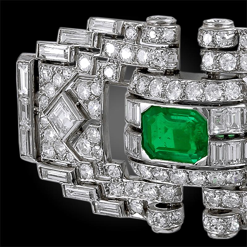 Art Deco Mauboussin Diamond Emerald Brooch For Sale