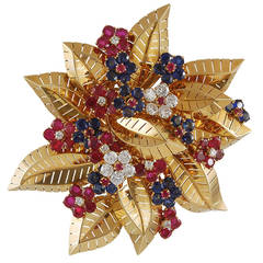 Van Cleef & Arpels Ruby Sapphire Diamond Gold Flower Brooch 6