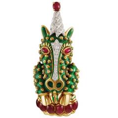 David Webb Green Enamel Ruby Diamond Gold Unicorn Brooch 11