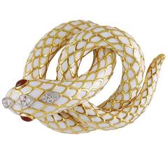 David Webb White Enamel Ruby Diamond Gold Snake Brooch 2
