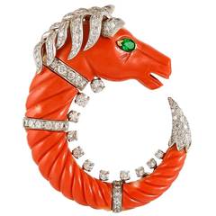 David Webb Coral Emerald Diamond Gold Horse Brooch 2