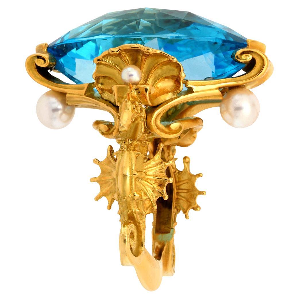 Swiss Blue Topaz and Akoya Pearls gold ring  For Sale