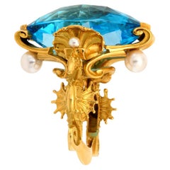  Swiss Blue Topaz and Akoya Pearls gold ring 