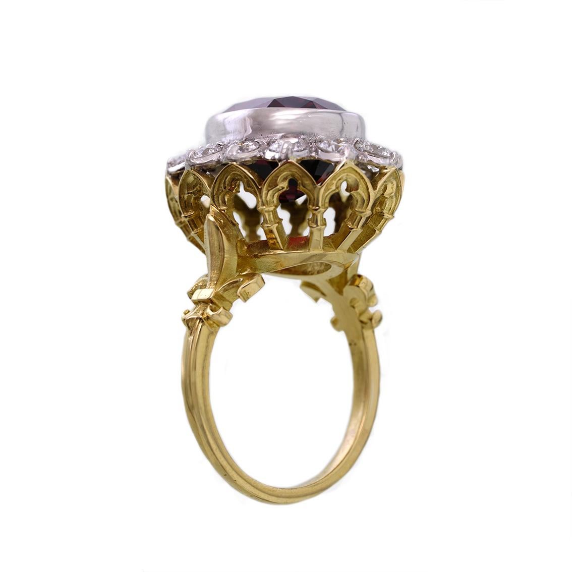 Gothic Revival 18kt Yellow & White Gold, 11 Carat Garnet and 1 Carat Diamond Ring
