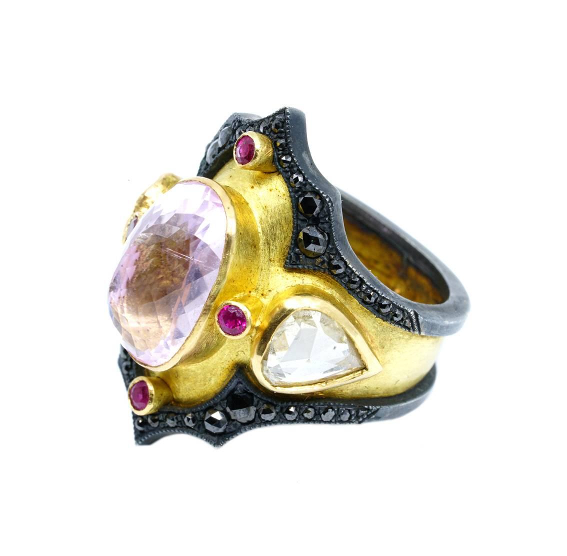 Rose Cut 18Kt Yellow Gold Ring, Blackened Silver, Kunzite, Rubies, White & Black Diamonds For Sale