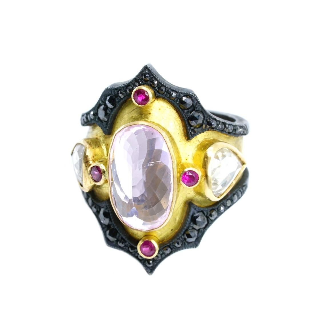 18Kt Yellow Gold Ring, Blackened Silver, Kunzite, Rubies, White & Black Diamonds In New Condition For Sale In Melbourne, Vic
