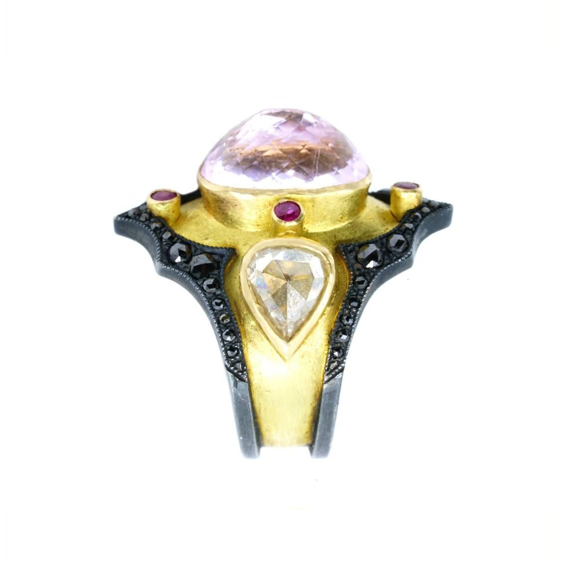 Women's or Men's 18Kt Yellow Gold Ring, Blackened Silver, Kunzite, Rubies, White & Black Diamonds For Sale