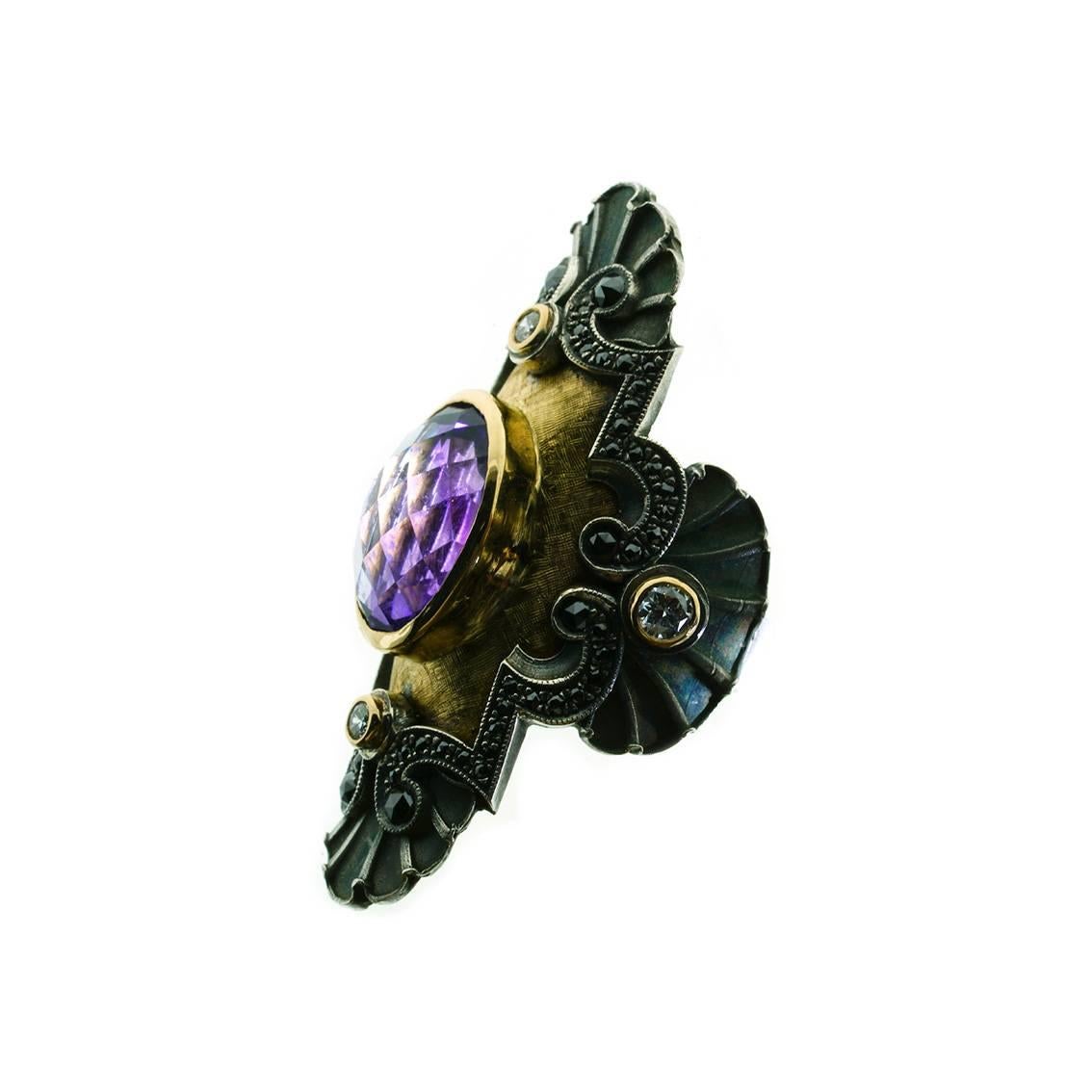 Art Deco Style Ring in 18 Karat Gold, Silver, Amethyst and Diamonds 1