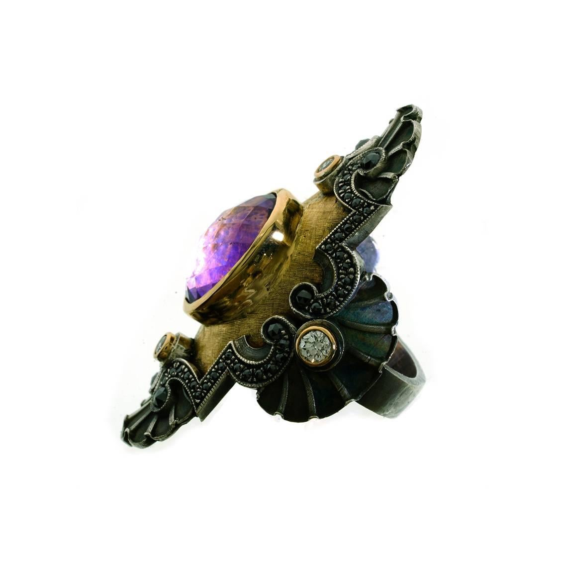 Art Deco Style Ring in 18 Karat Gold, Silver, Amethyst and Diamonds 2