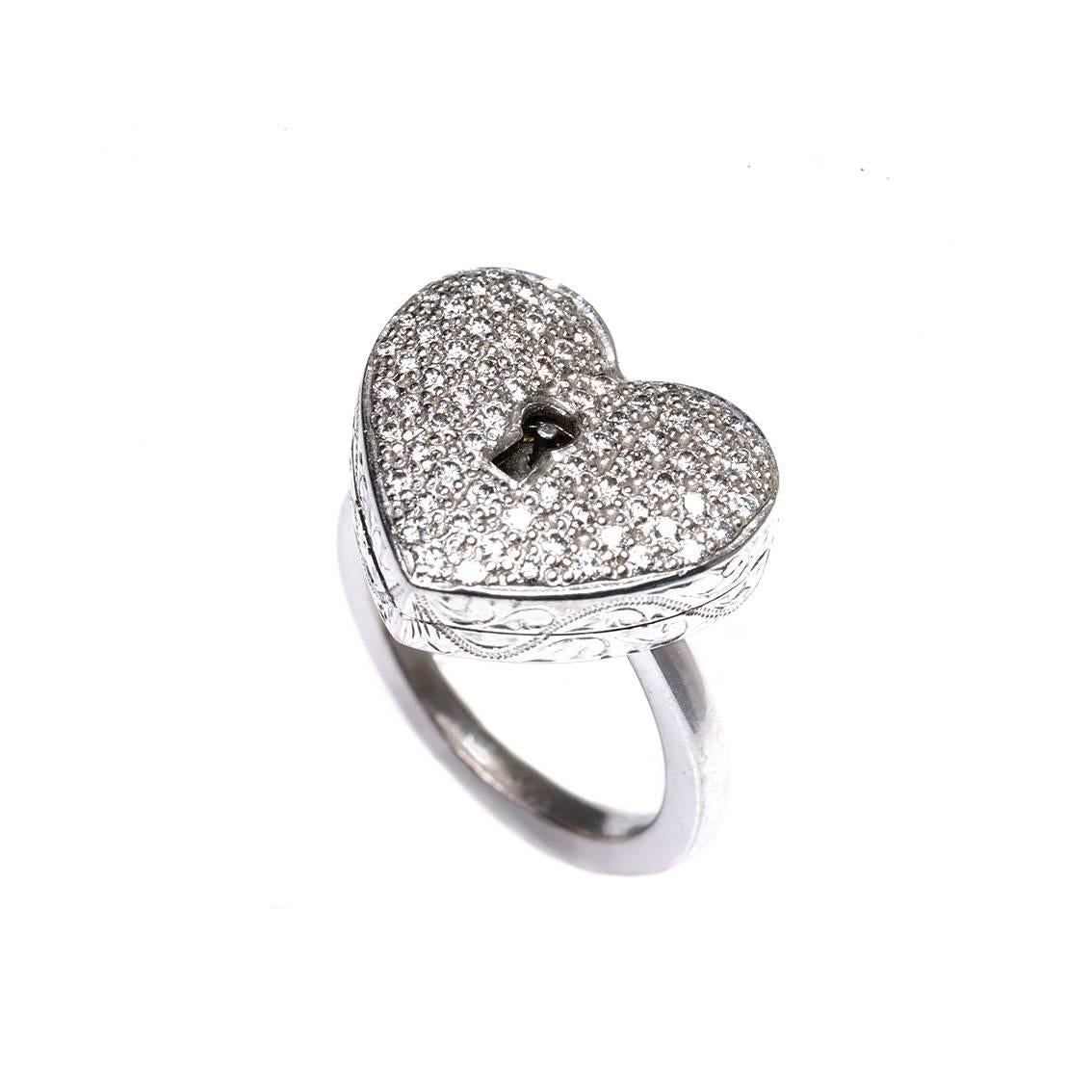 Diamond Heart Locket and Key Victorian Poison Ring in 18 Karat Gold and Diamonds 1