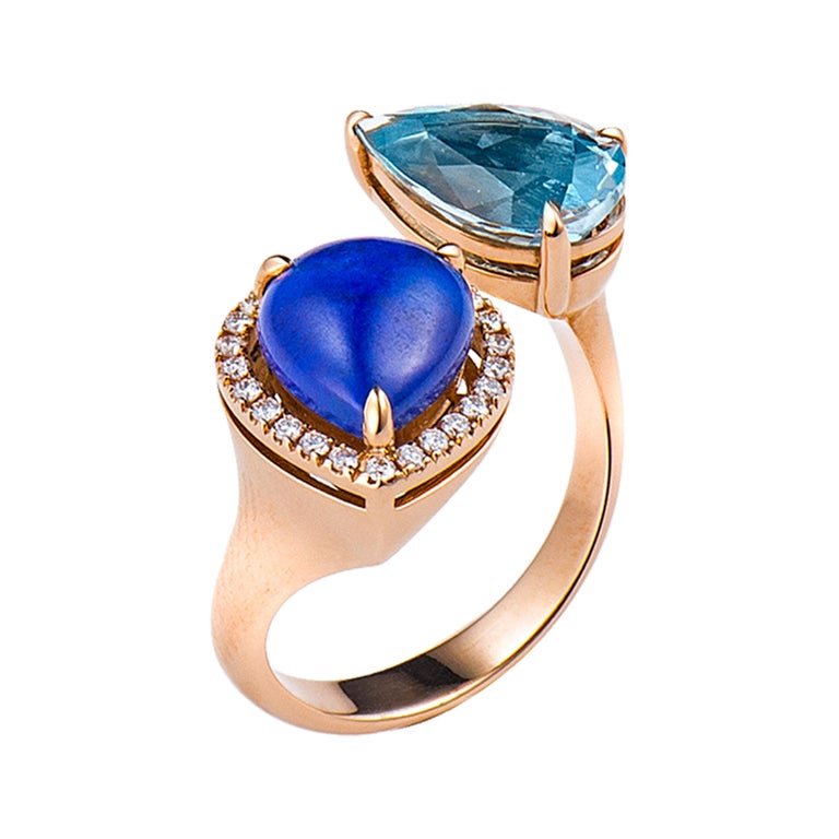 Aquamarine Lapis Diamond Gold Ring For Sale