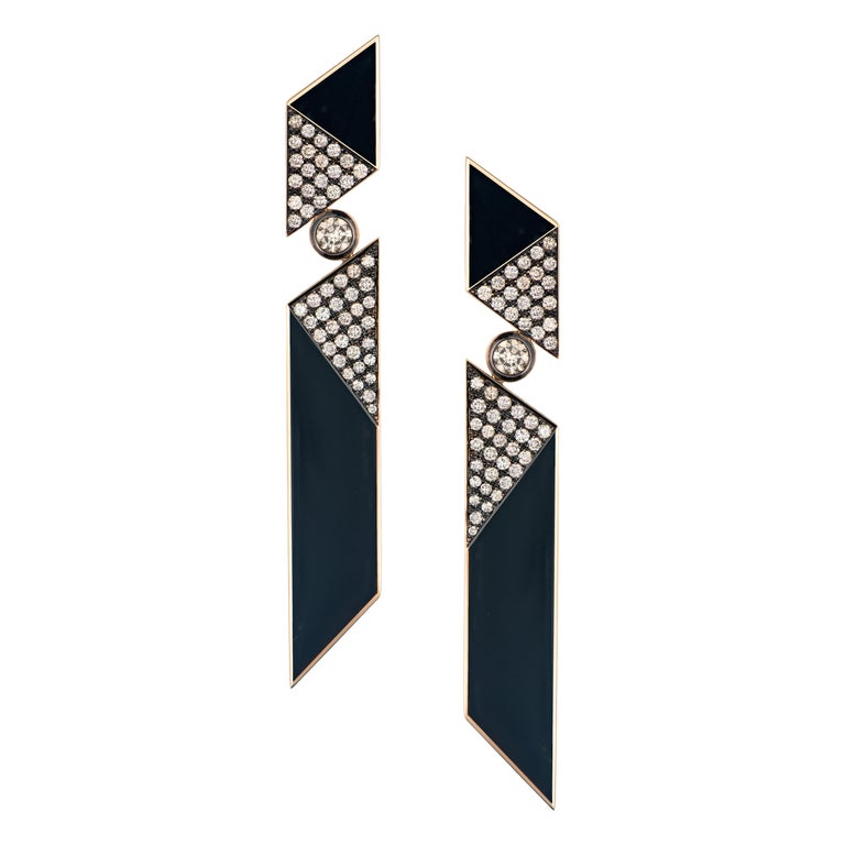Enamel, brown-diamond and gold earrings