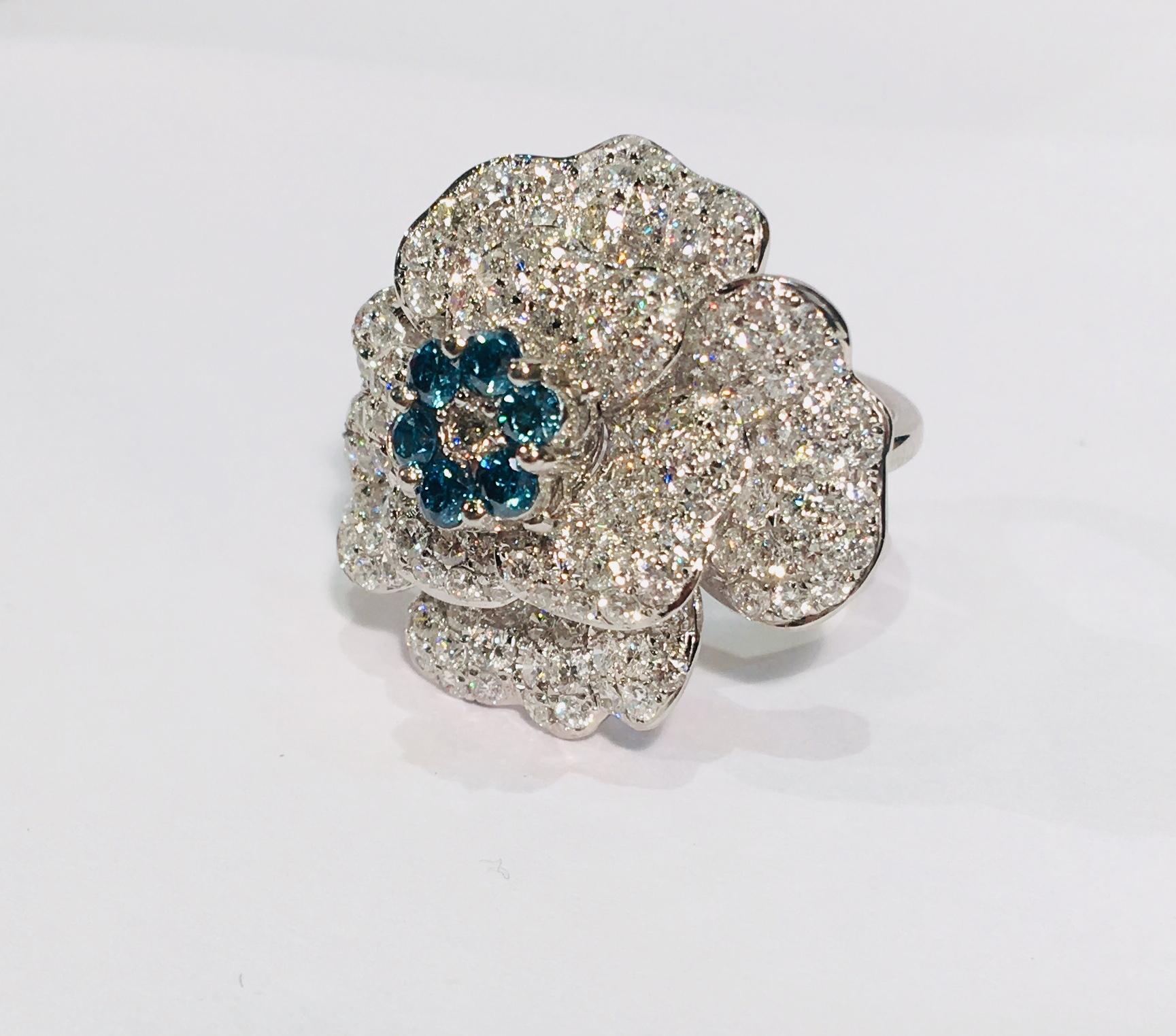 Round Cut Stunning 7.00 Carat White and Blue Diamond Camellia Flower 18K White Gold Ring