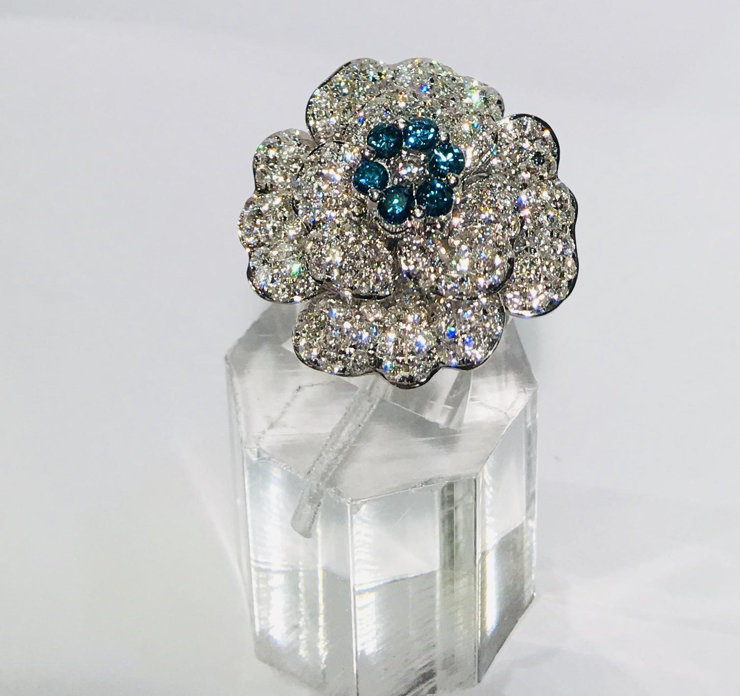 Stunning 7.00 Carat White and Blue Diamond Camellia Flower 18K White Gold Ring 1