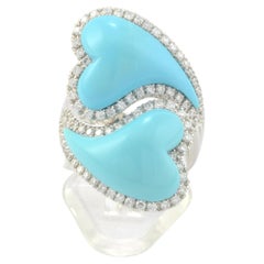Turquoise Diamond 18KT White Gold Toi et Moi  Hearts Made in Italy Ring