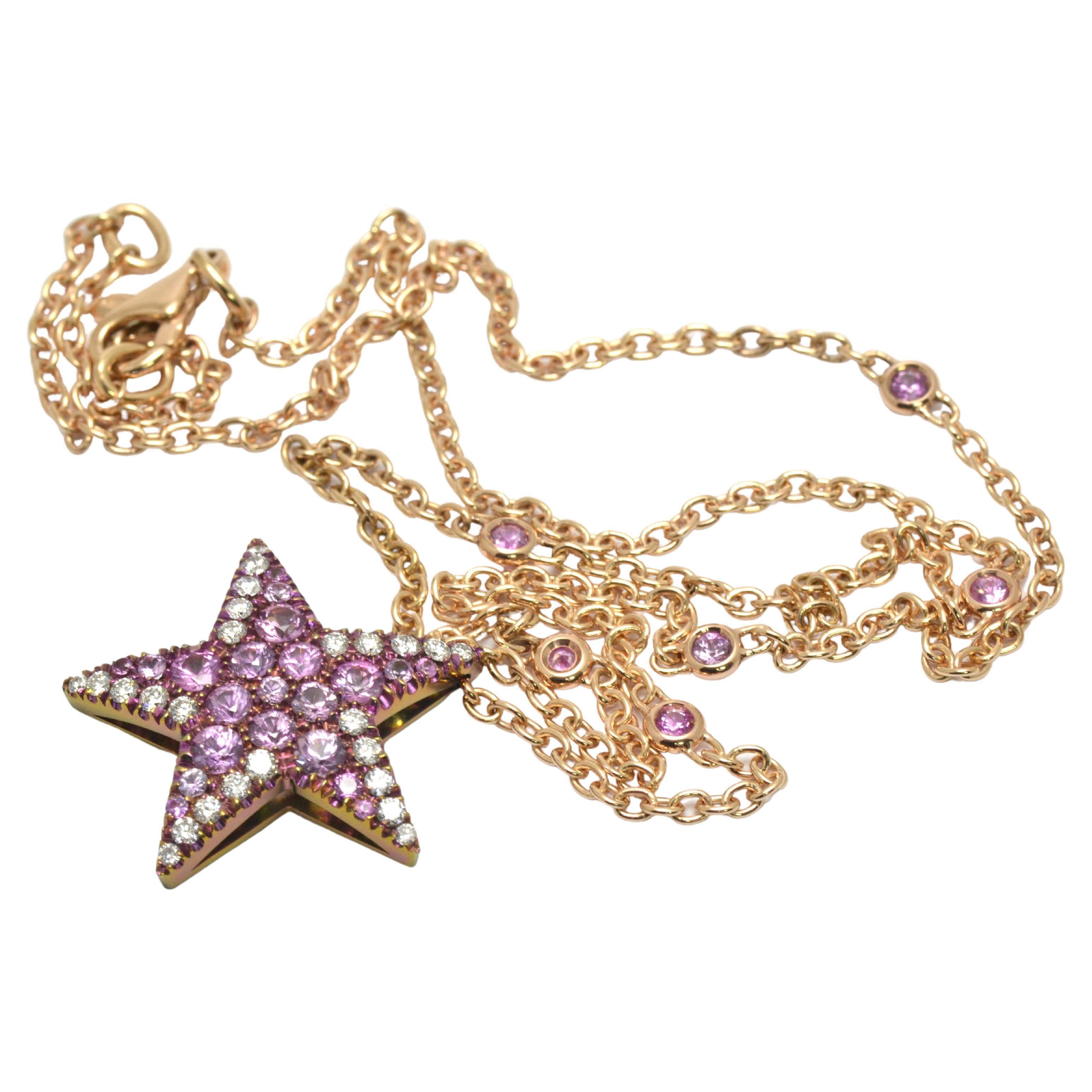 Contemporary Diamonds Pink Sapphires 18 Kt Rose Gold Titanium Star Necklace For Sale