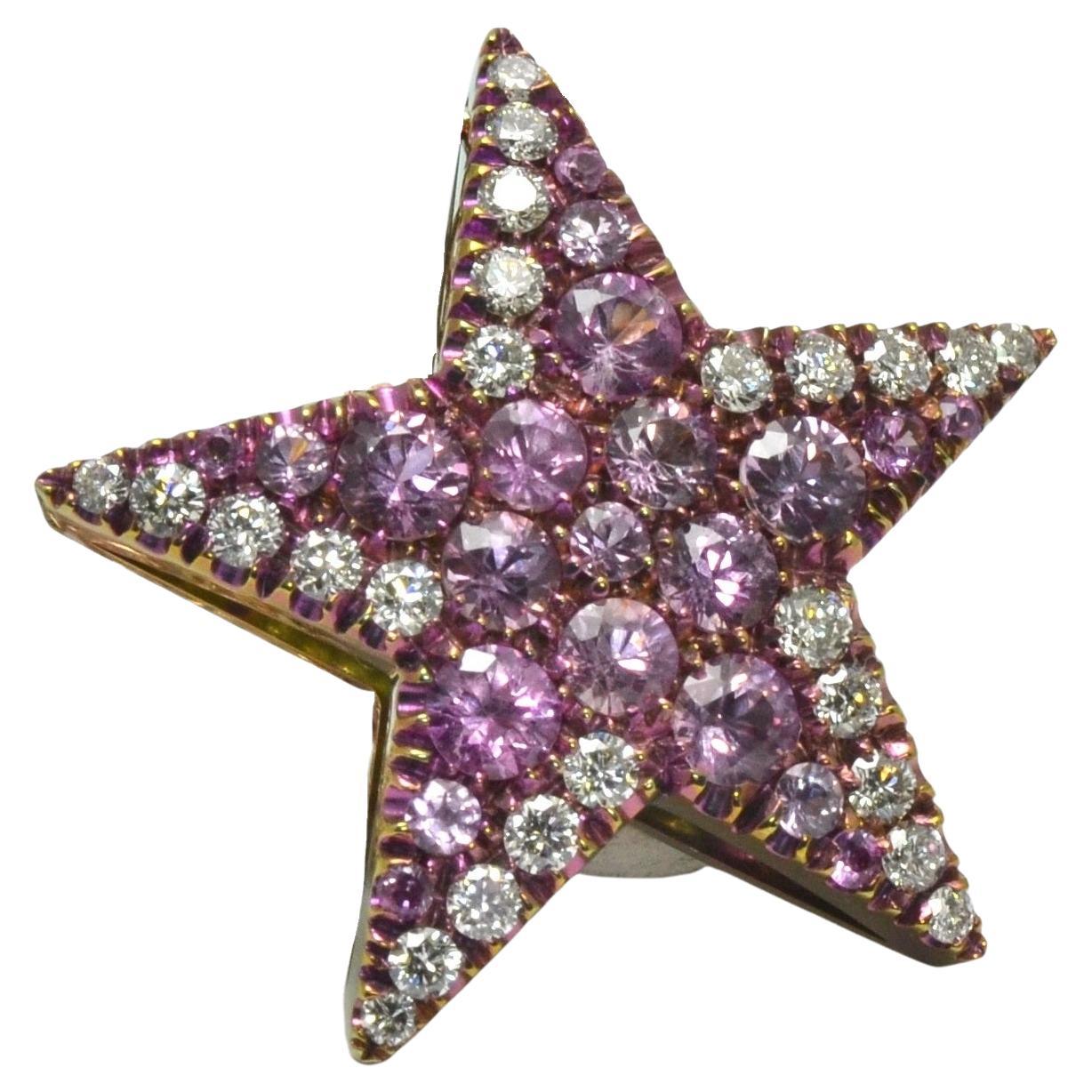Diamonds Pink Sapphires 18 Kt Rose Gold Titanium Star Necklace For Sale