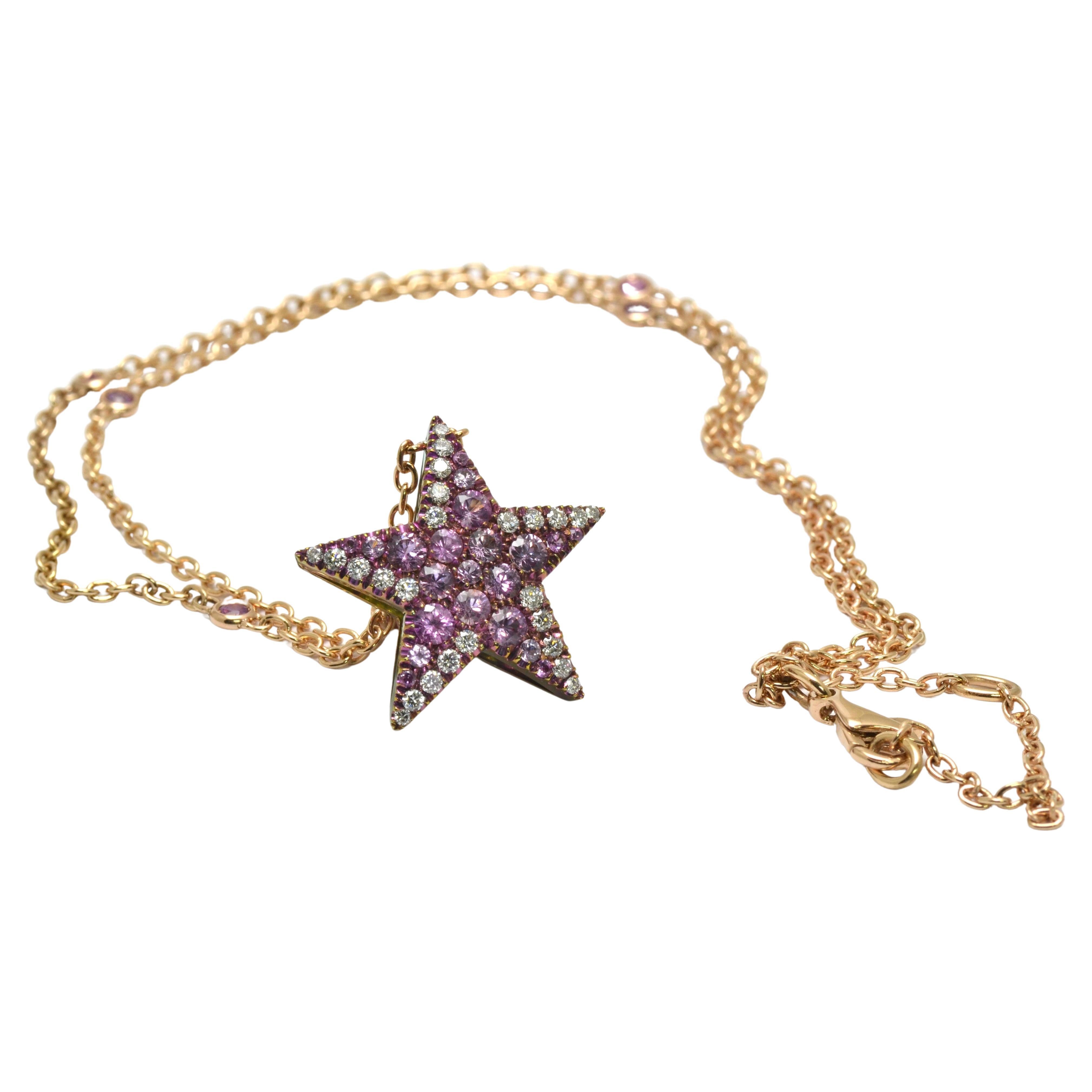 Handcrafted in Margherita Burgener workshop, the Star necklace  is beautifully set in diamonds and sapphires pavé set on titanium.
The chain is in pink gold, featuring  6  pink sapphires.

n. 25 diamonds carats 0.40    - quality of the diamonds  F/G