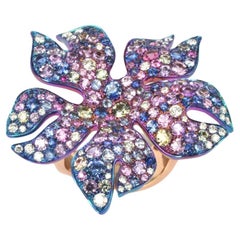 Natural Diamonds Sapphires Titanium 18 Karat Rose Gold Sakura Flower Ring