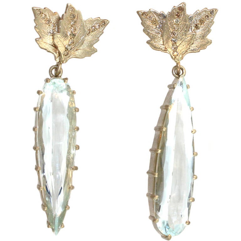 Aquamarine Diamond Leaf Drops For Sale