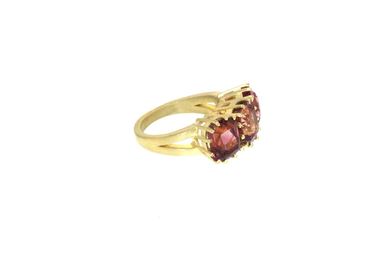 Contemporary Triple Pink Tourmaline Gold Ring 